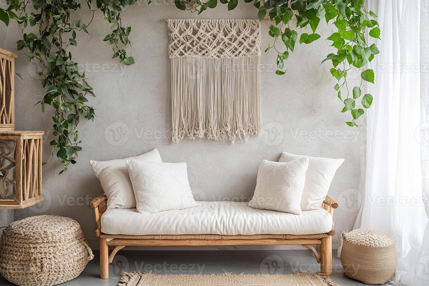 A boho living space Soft natural light and warm tones create a cozy, calming vibe. photo