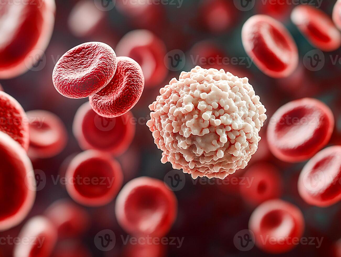 A white blood cell with a granular surface surrounded by many smooth red blood cells. photo