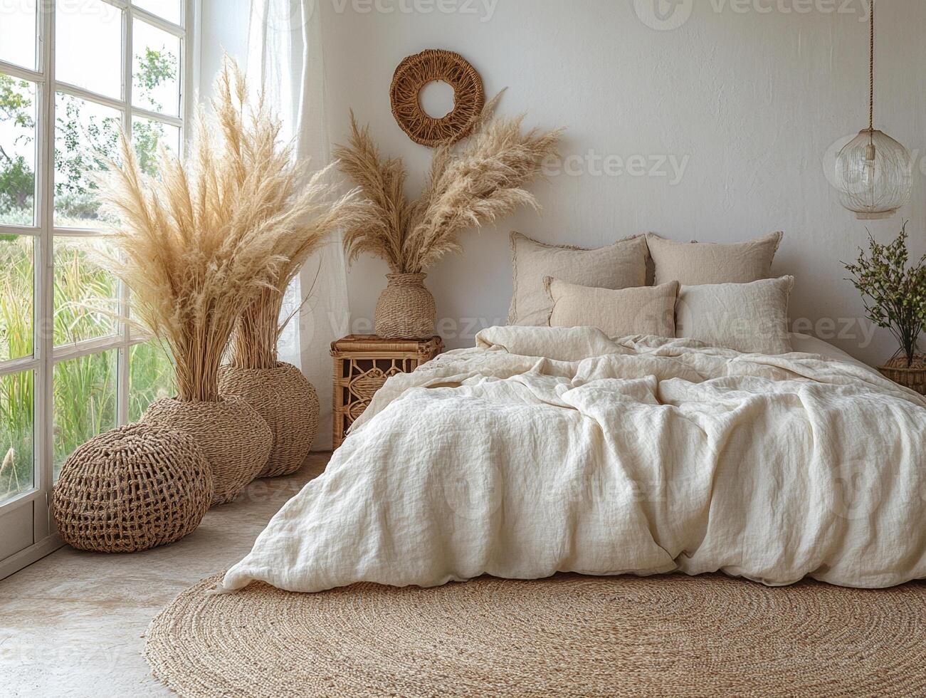 A boho living space Soft natural light and warm tones create a cozy, calming vibe. photo