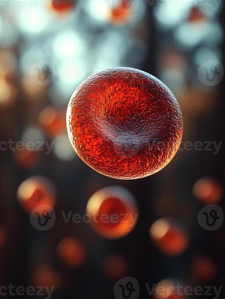 Red blood cell floating in a soft, blurred background. The vibrant, red cell stands out sharply with its smooth photo