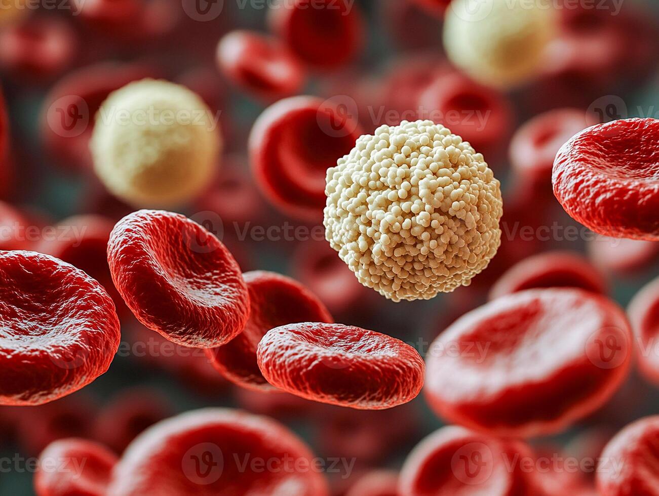 A white blood cell with a granular surface surrounded by many smooth red blood cells. photo
