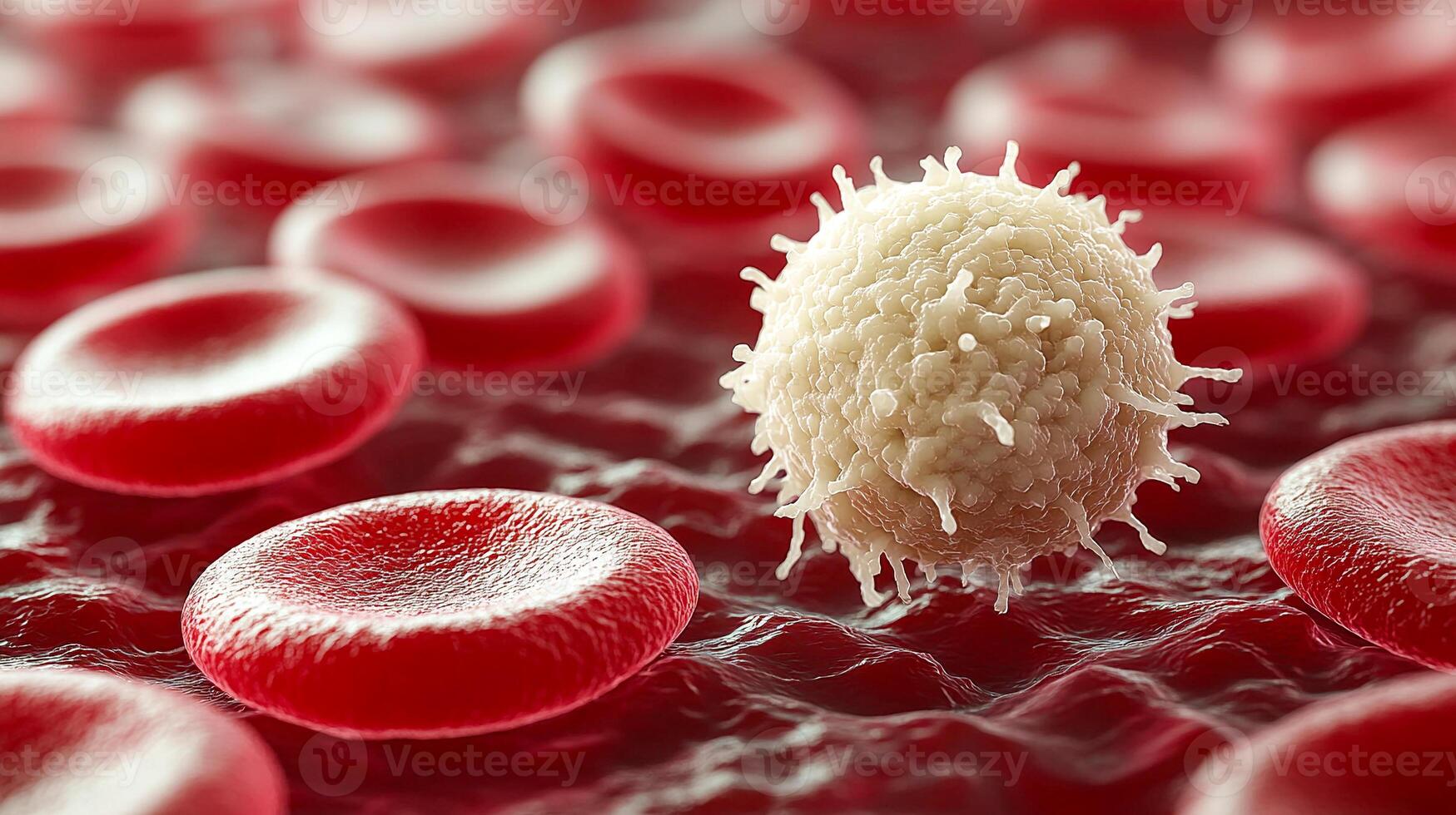 A white blood cell with a granular surface surrounded by many smooth red blood cells. photo