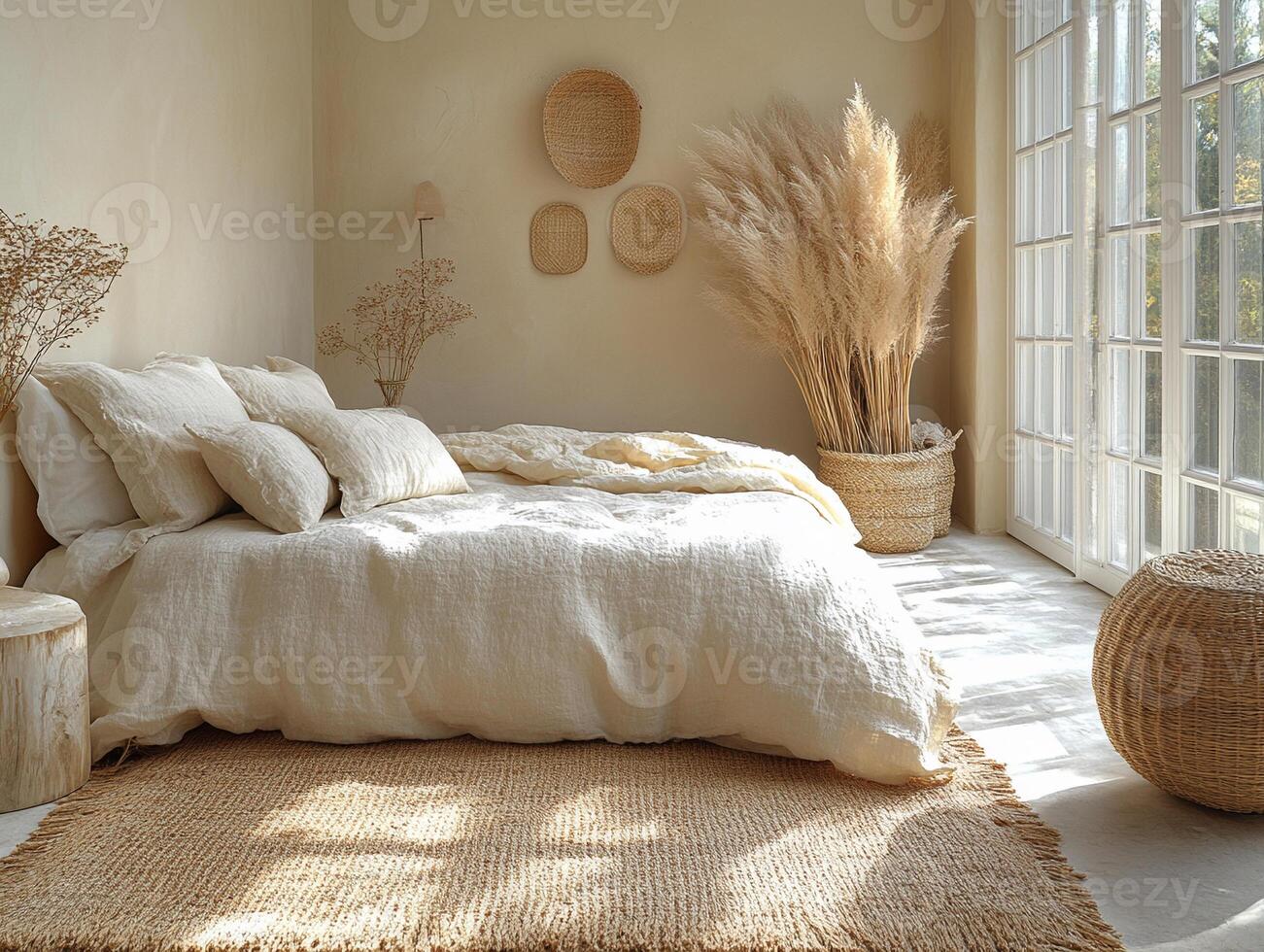 A boho living space Soft natural light and warm tones create a cozy, calming vibe. photo