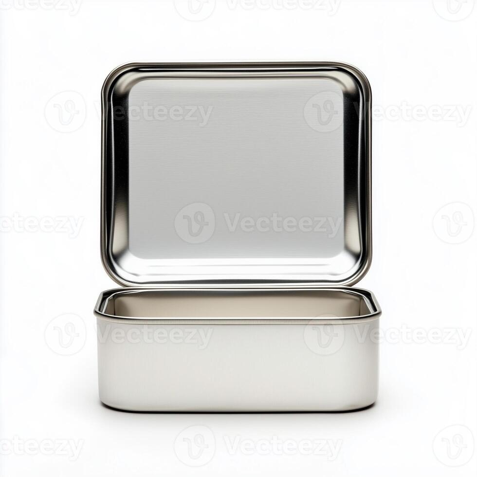 Rectangular tin box with an open lid. Metal box for various purposes. Isolate on a white back photo