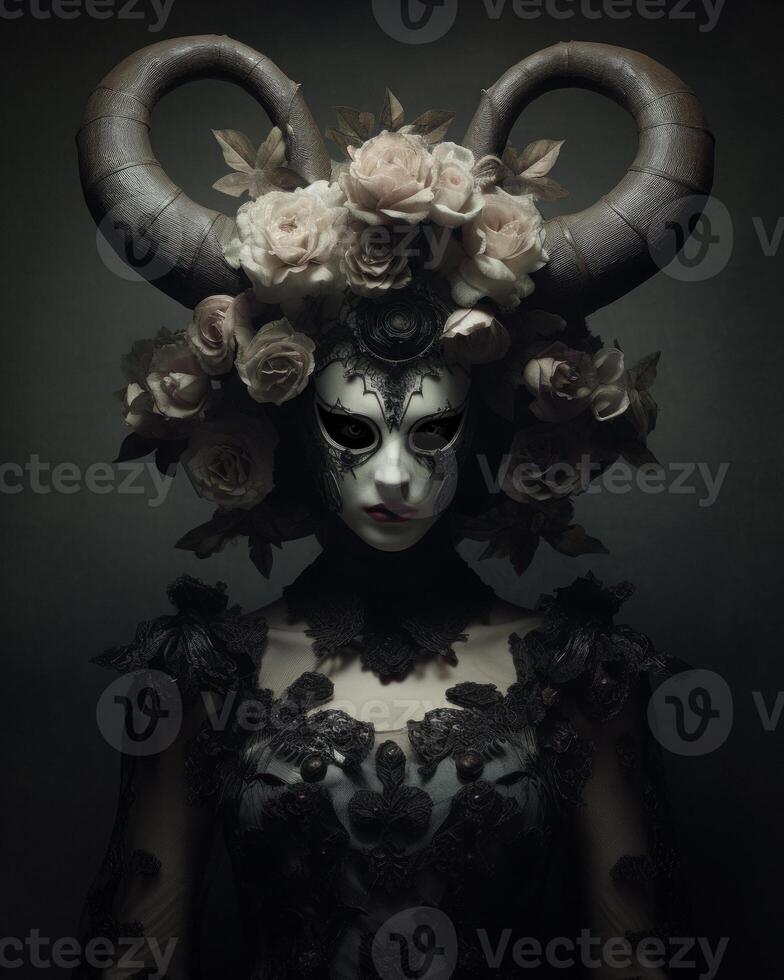 A person in a dark lace garment with floral patterns, wearing a headpiece adorned with large, curved horns and white roses, set against a dark background, creating a mysterious and artistic portrait photo