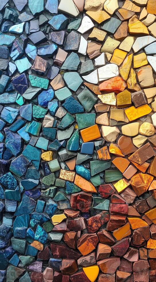 Colorful smooth pebbles tightly packed, creating a vibrant mosaic pattern. Multicolored background. photo