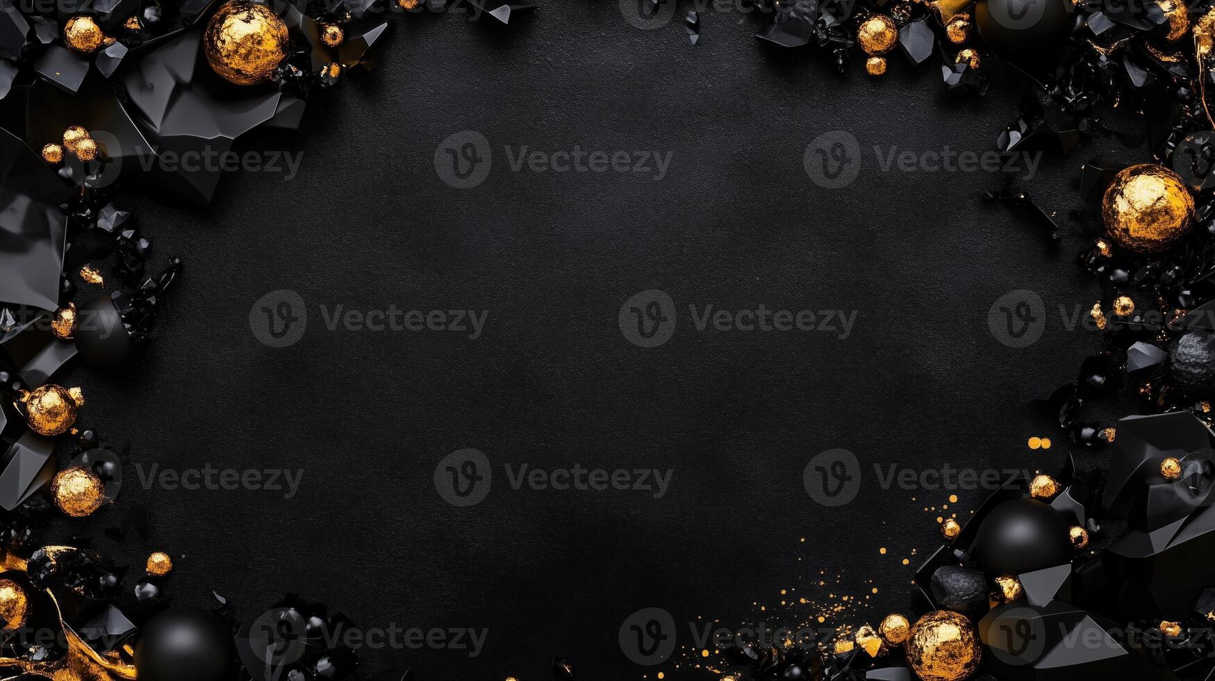 Elegant dark background with golden accents and textured surface, framed by rocks, creating a sophisticated border. Luxurious black textured backdrop with sparkling gold crystals and black gemstones photo