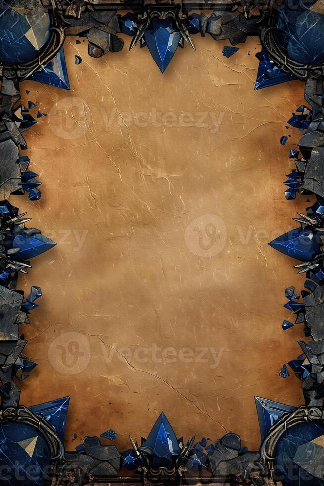 A vintage, aged parchment paper with a jagged frame of dark blue gemstones, creating a sense of mystery and antiquity photo