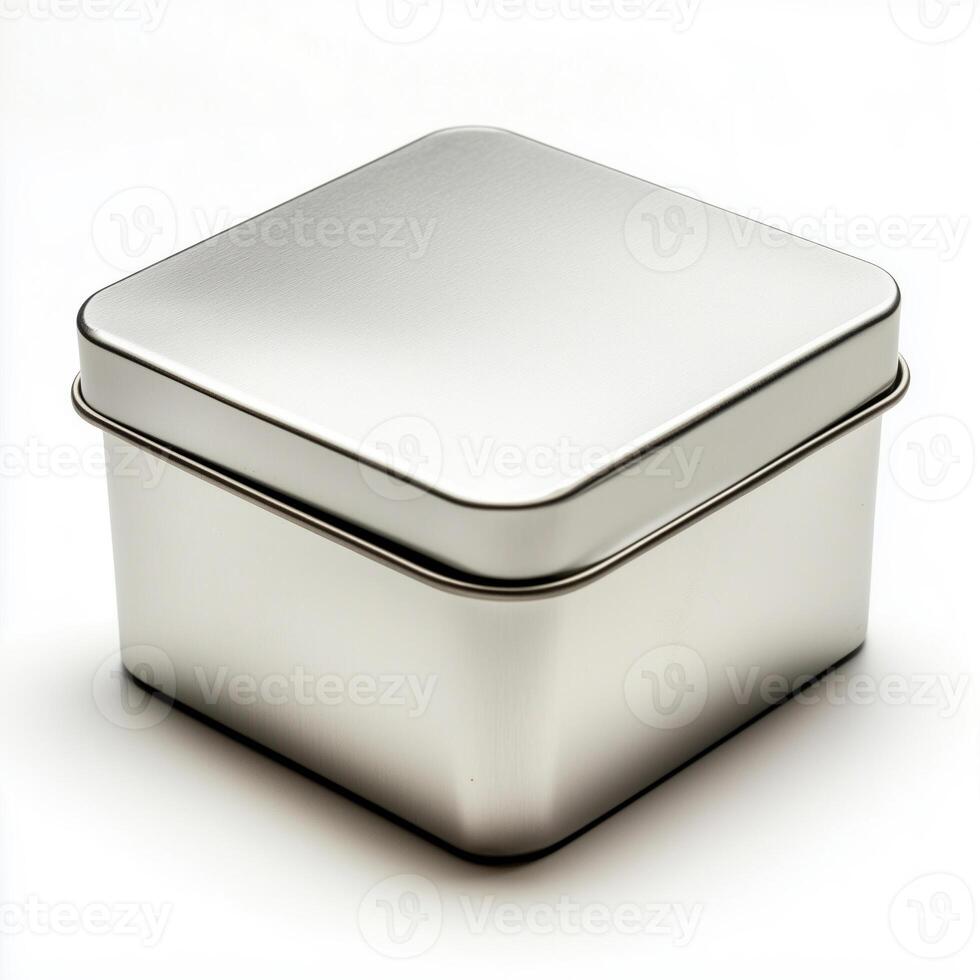Rectangular tin box with an open lid. Metal box for various purposes. Isolate on a white back photo
