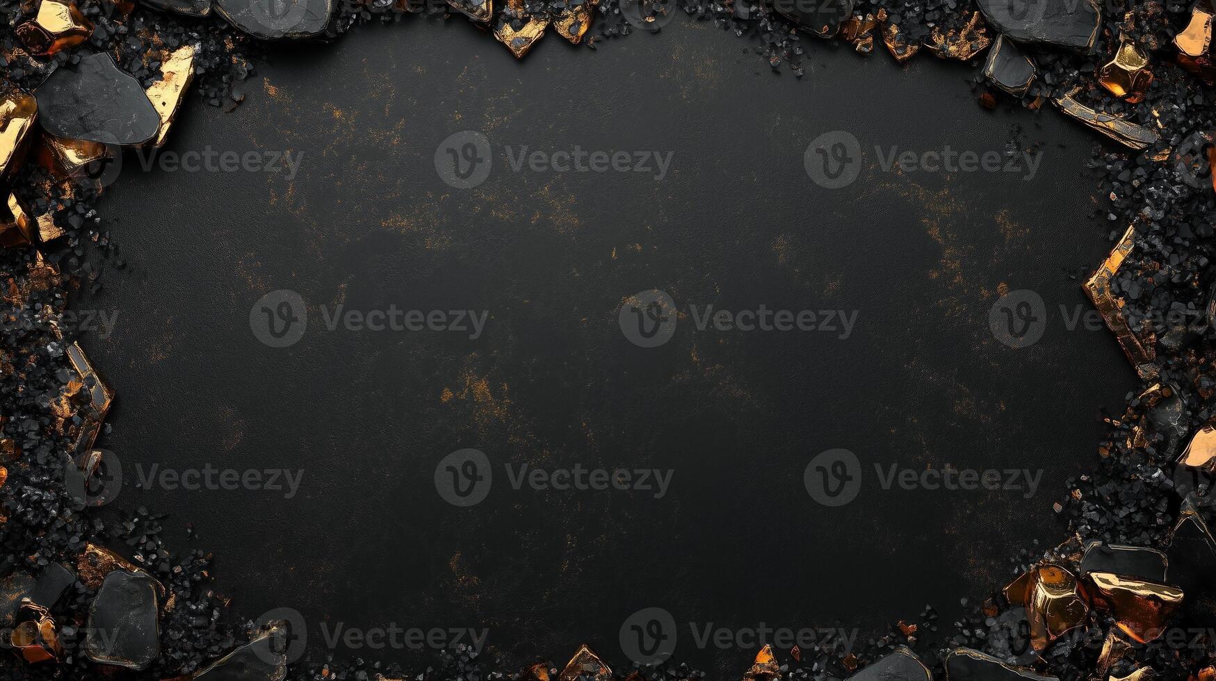 Elegant dark background with golden accents and textured surface, framed by rocks, creating a sophisticated border. Luxurious black textured backdrop with sparkling gold crystals and black gemstones photo