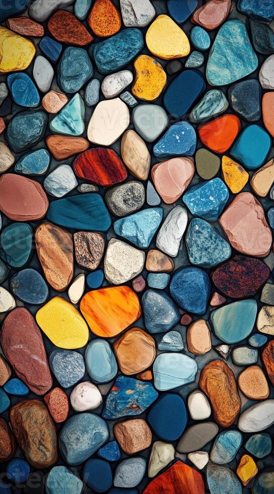 Colorful smooth pebbles tightly packed, creating a vibrant mosaic pattern. Multicolored background. photo
