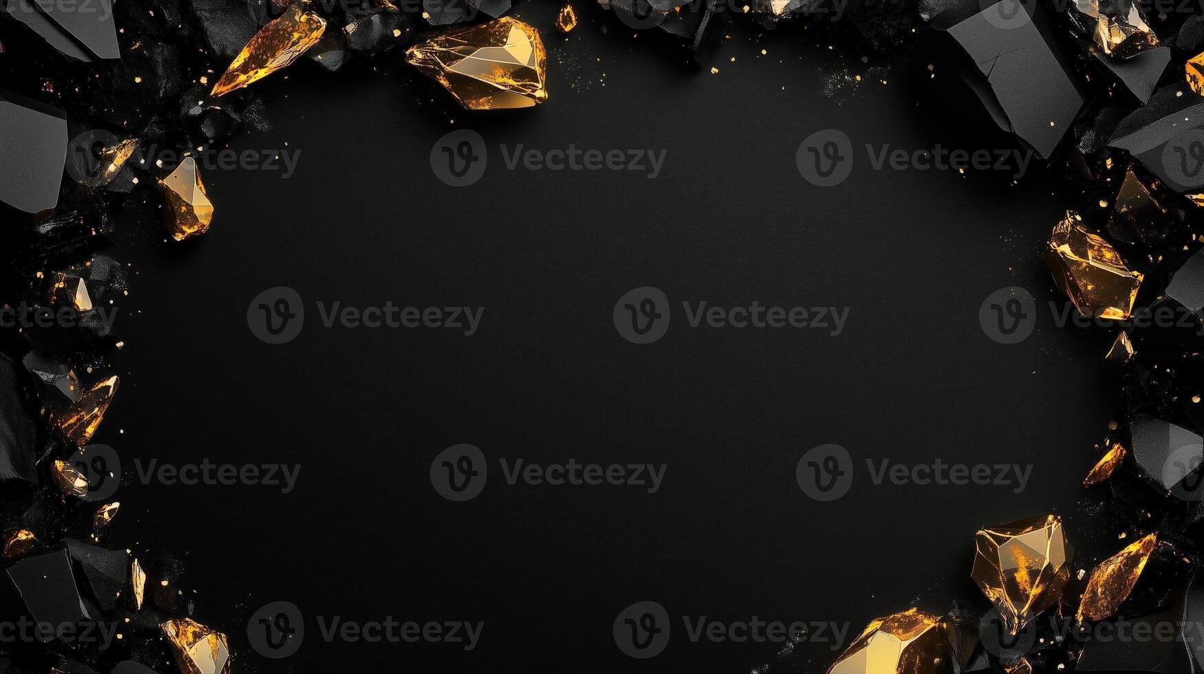 Elegant dark background with golden accents and textured surface, framed by rocks, creating a sophisticated border. Luxurious black textured backdrop with sparkling gold crystals and black gemstones photo