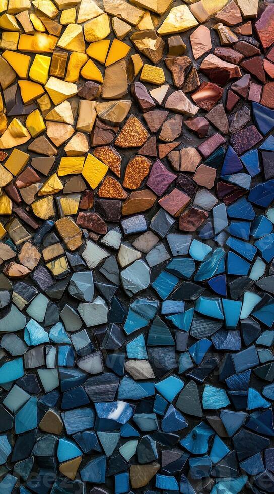 Colorful smooth pebbles tightly packed, creating a vibrant mosaic pattern. Multicolored background. photo