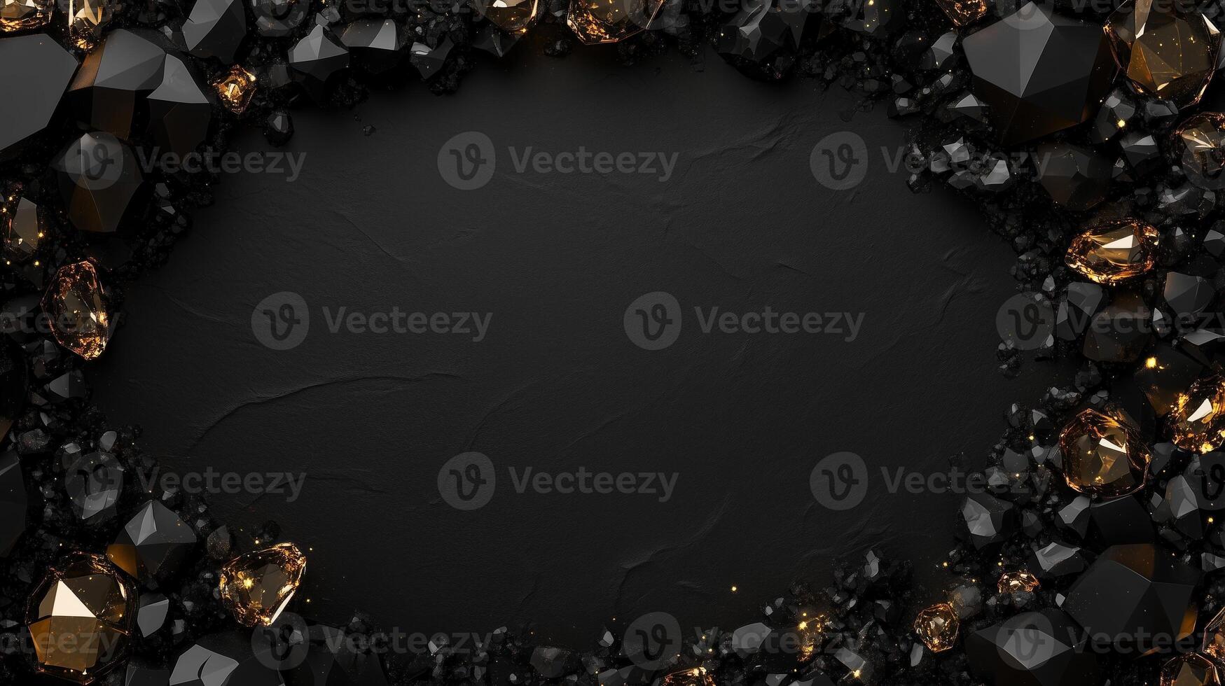 Elegant dark background with golden accents and textured surface, framed by rocks, creating a sophisticated border. Luxurious black textured backdrop with sparkling gold crystals and black gemstones photo