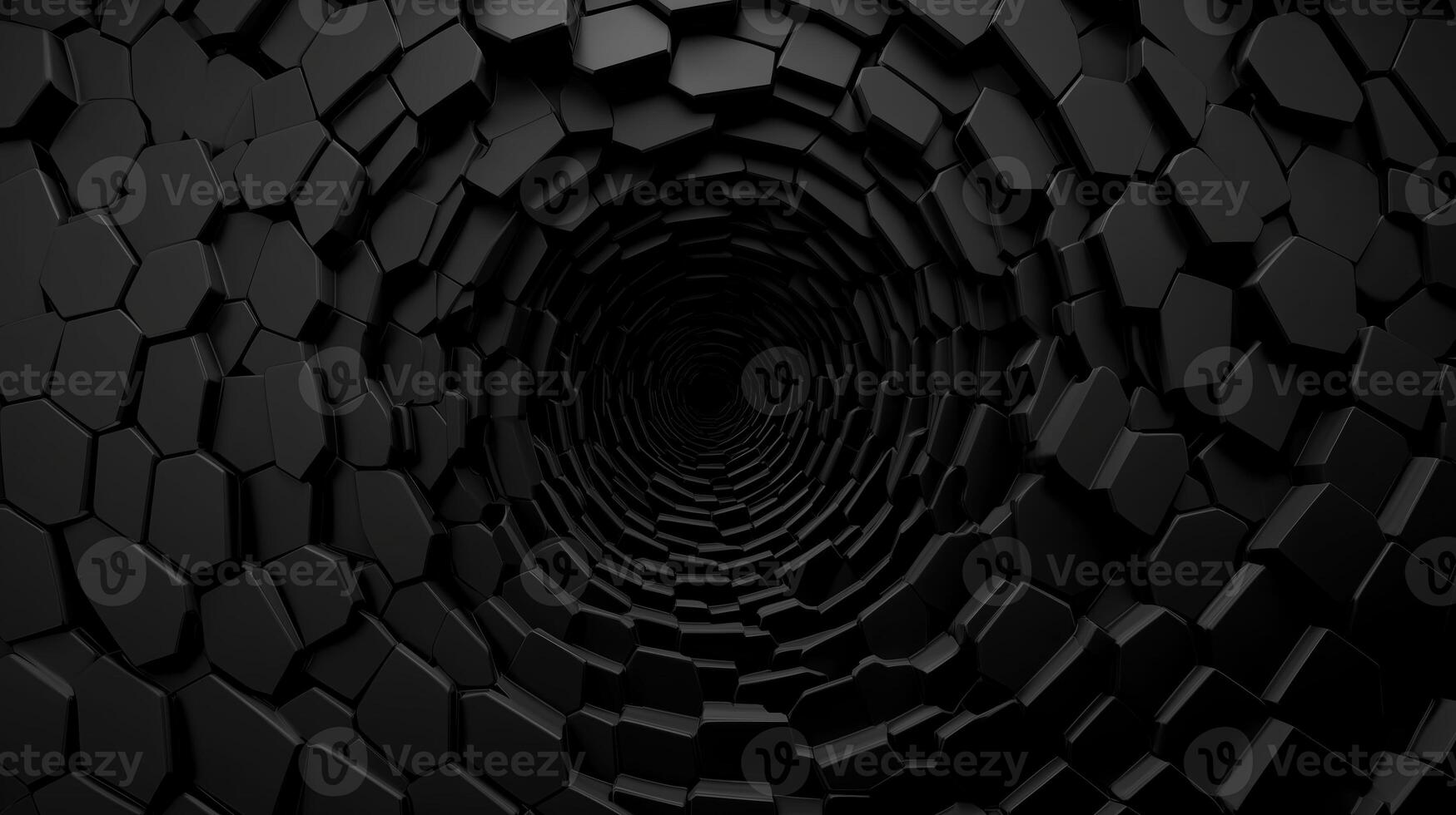A black tunnel made of hexagonal tiles, creating a sense of depth and abstraction, ideal for futuristic or technological backgrounds. photo