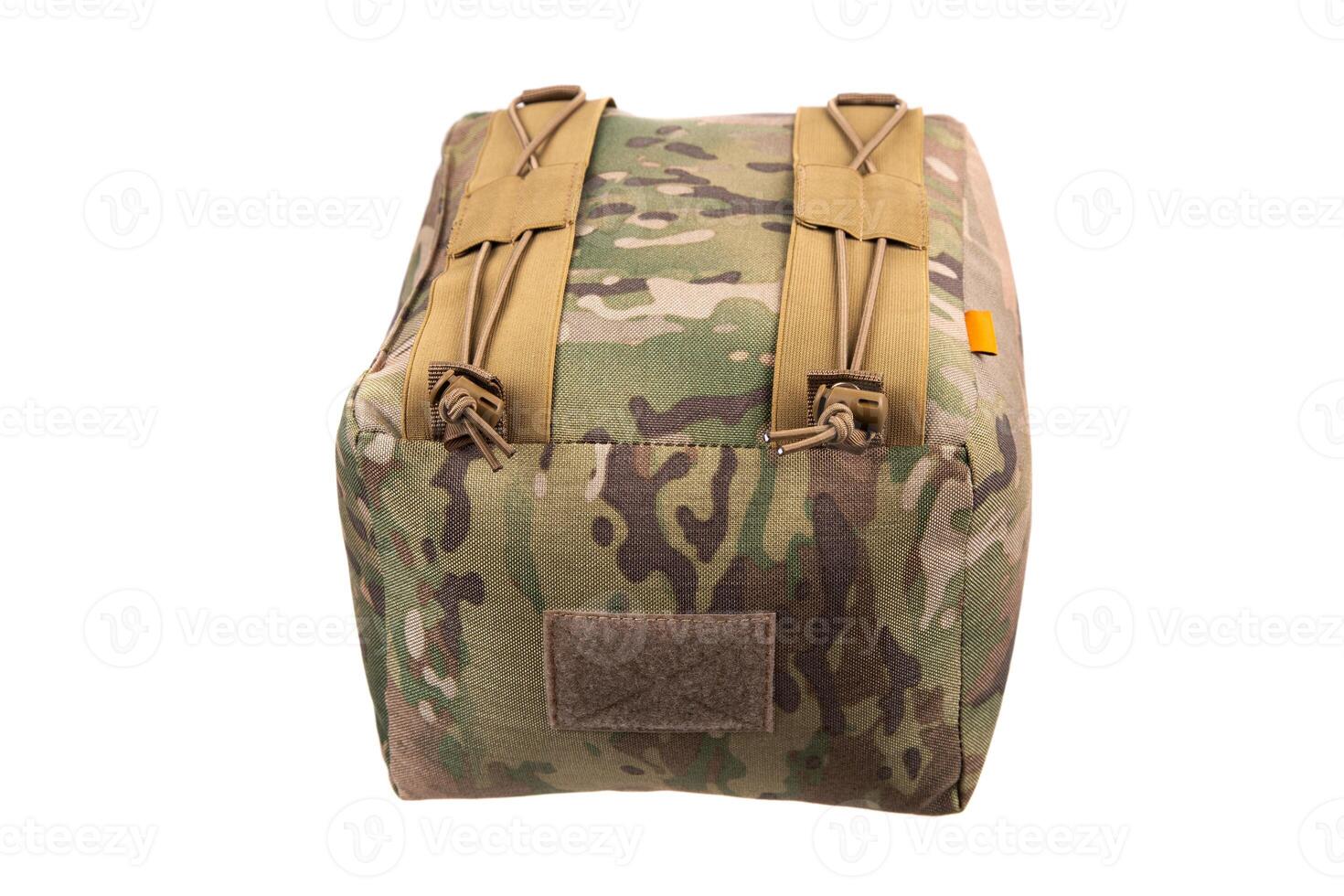 A tactical barricade bag in a camouflage pattern. The bag is designed to provide stability for firearms when shooting from barricades or uneven surfaces.Isolate on white back. photo