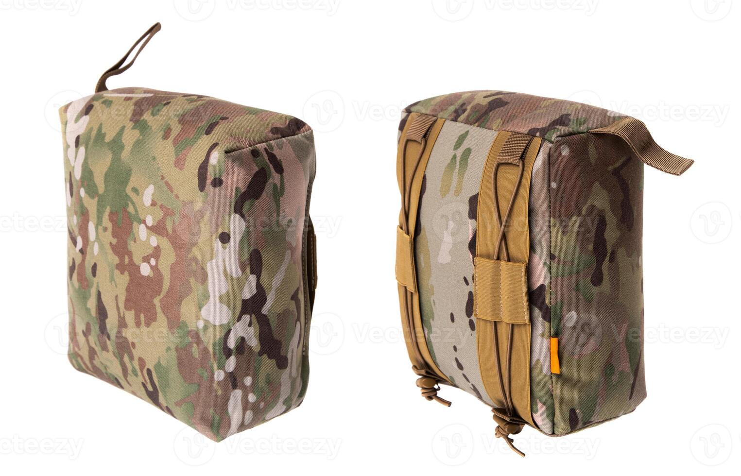 A tactical barricade bag in a camouflage pattern. The bag is designed to provide stability for firearms when shooting from barricades or uneven surfaces.Isolate on white back. photo
