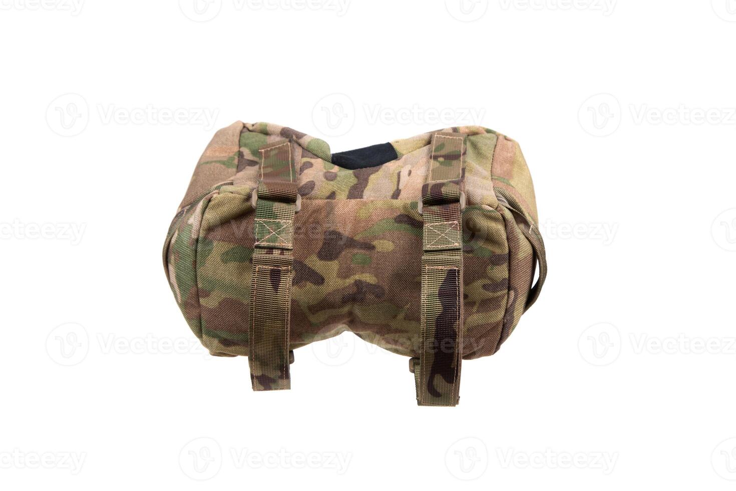 A tactical barricade bag in a camouflage pattern. The bag is designed to provide stability for firearms when shooting from barricades or uneven surfaces.Isolate on white back. photo