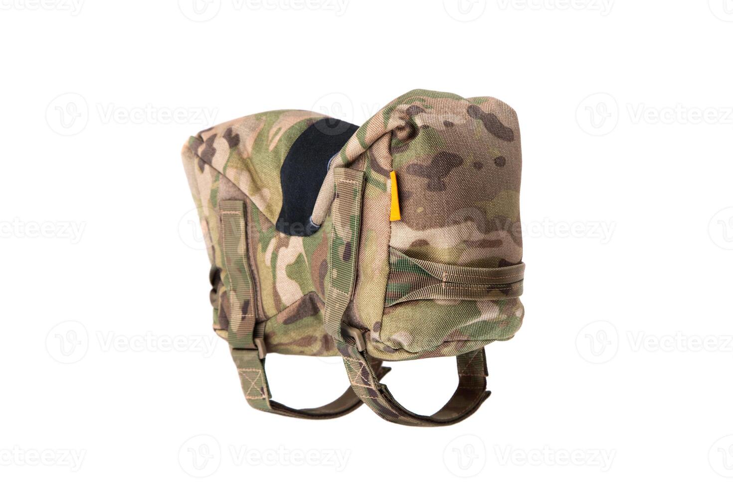 A tactical barricade bag in a camouflage pattern. The bag is designed to provide stability for firearms when shooting from barricades or uneven surfaces.Isolate on white back. photo