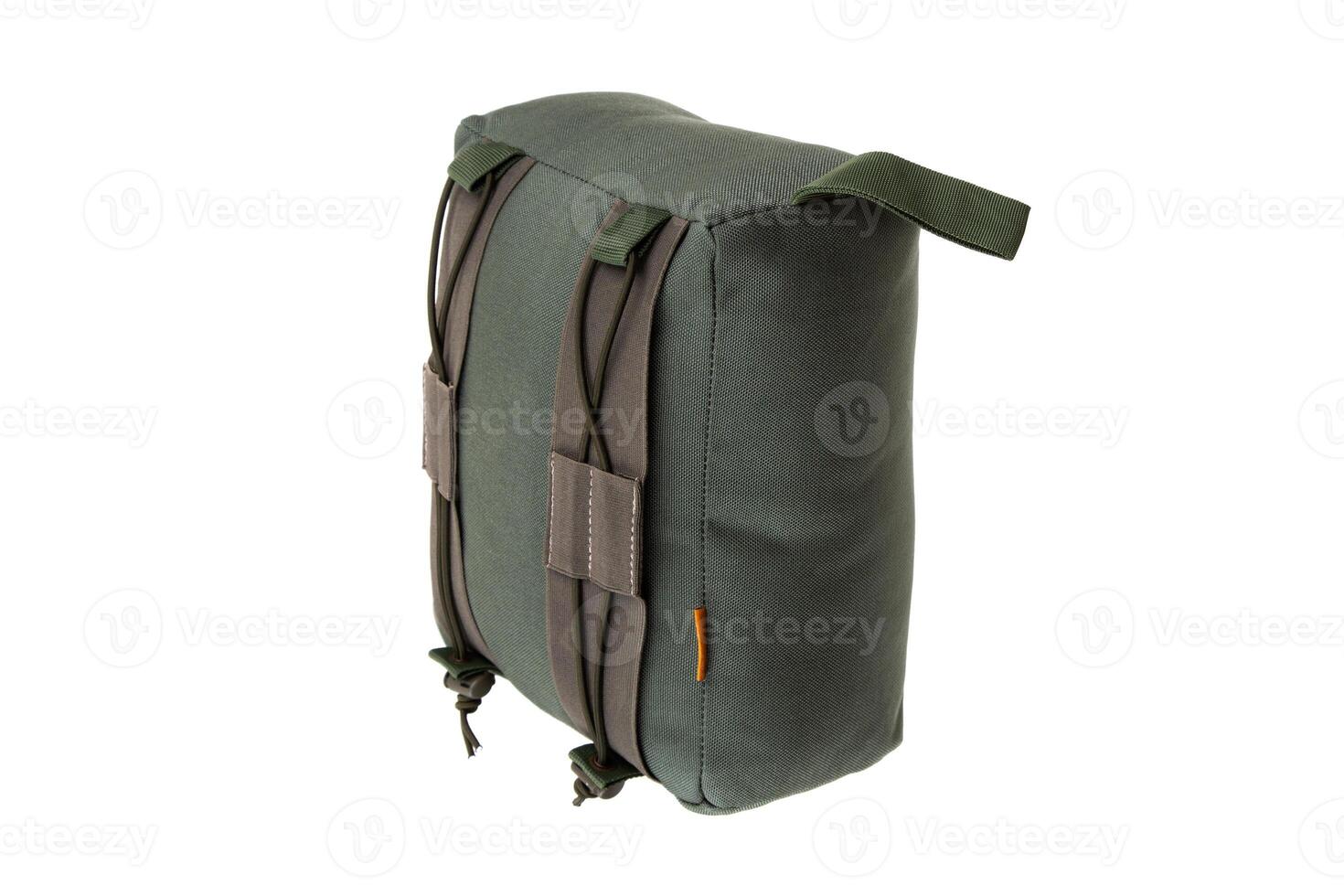 A green tactical barricade bag is isolated on a white. The bag is designed to provide a stable rest for firearms when shooting from elevated or uneven surfaces. photo