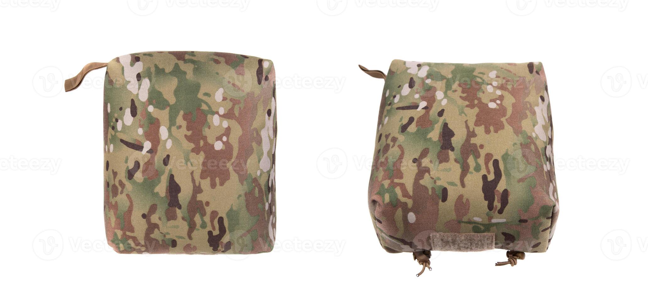 A tactical barricade bag in a camouflage pattern. The bag is designed to provide stability for firearms when shooting from barricades or uneven surfaces.Isolate on white back. photo