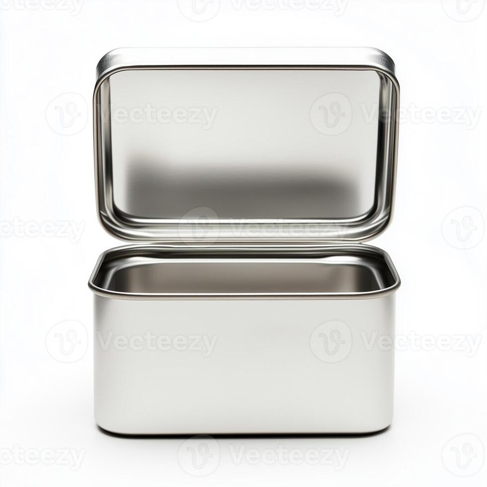 Rectangular tin box with an open lid. Metal box for various purposes. Isolate on a white back photo