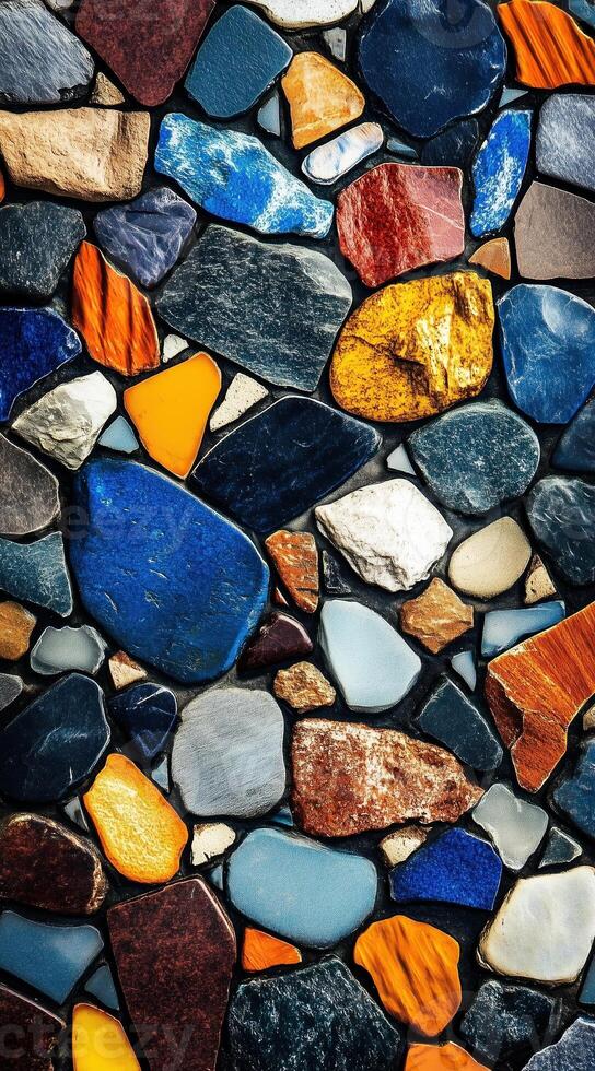 Colorful smooth pebbles tightly packed, creating a vibrant mosaic pattern. Multicolored background. photo