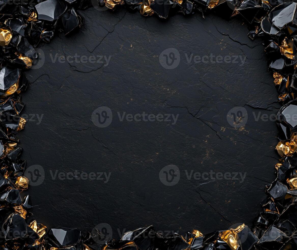 Elegant dark background with golden accents and textured surface, framed by rocks, creating a sophisticated border. Luxurious black textured backdrop with sparkling gold crystals and black gemstones photo