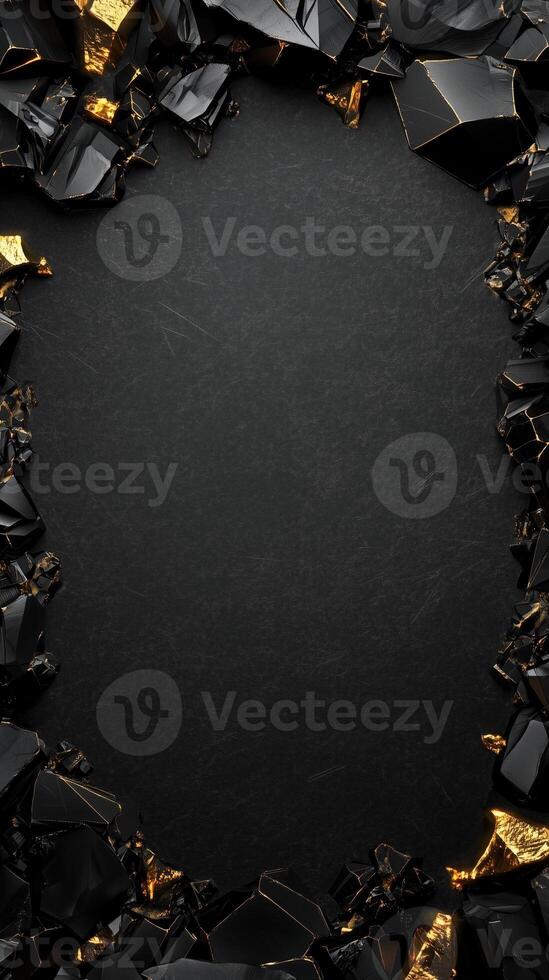Elegant dark background with golden accents and textured surface, framed by rocks, creating a sophisticated border. Luxurious black textured backdrop with sparkling gold crystals and black gemstones photo