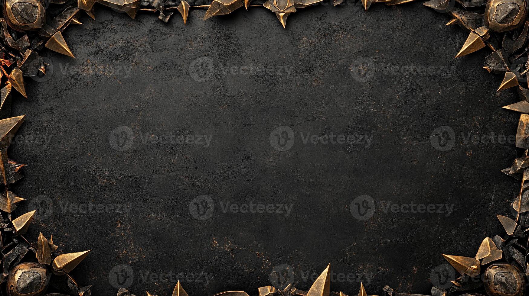 Dark and dramatic fantasy background featuring sharp, jagged black rocks with metallic gold accents, creating a luxurious and mystical atmosphere, perfect for game design, posters, or digital art photo