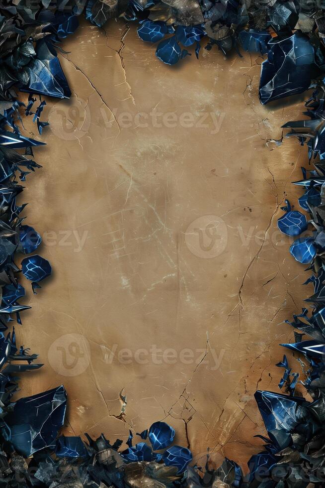 A vintage, aged parchment paper with a jagged frame of dark blue gemstones, creating a sense of mystery and antiquity photo