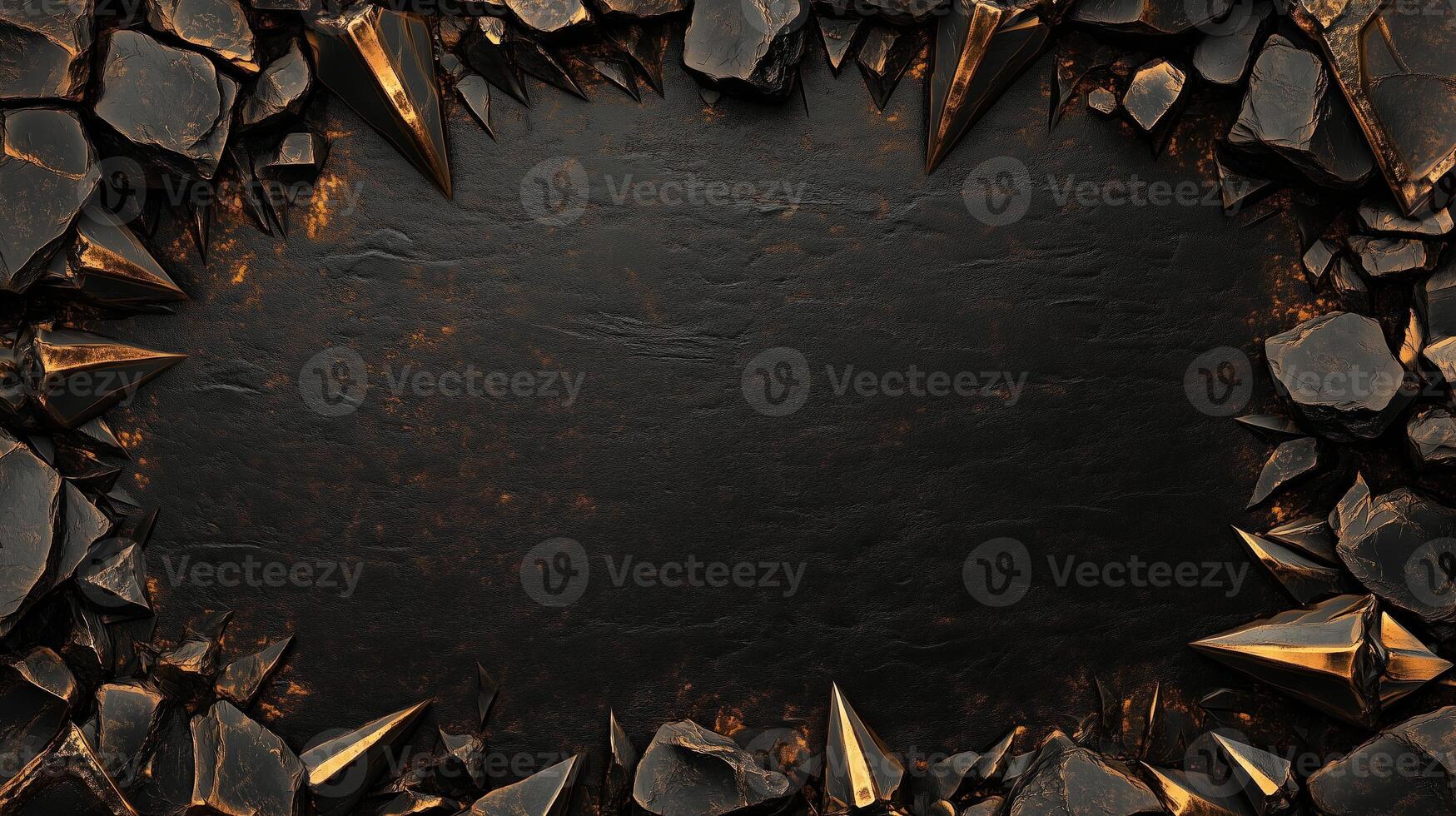 Dark and dramatic fantasy background featuring sharp, jagged black rocks with metallic gold accents, creating a luxurious and mystical atmosphere, perfect for game design, posters, or digital art photo