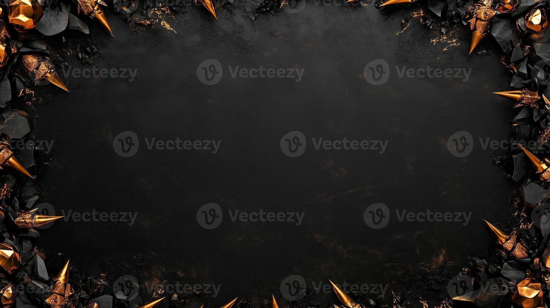 Dark and dramatic fantasy background featuring sharp, jagged black rocks with metallic gold accents, creating a luxurious and mystical atmosphere, perfect for game design, posters, or digital art photo
