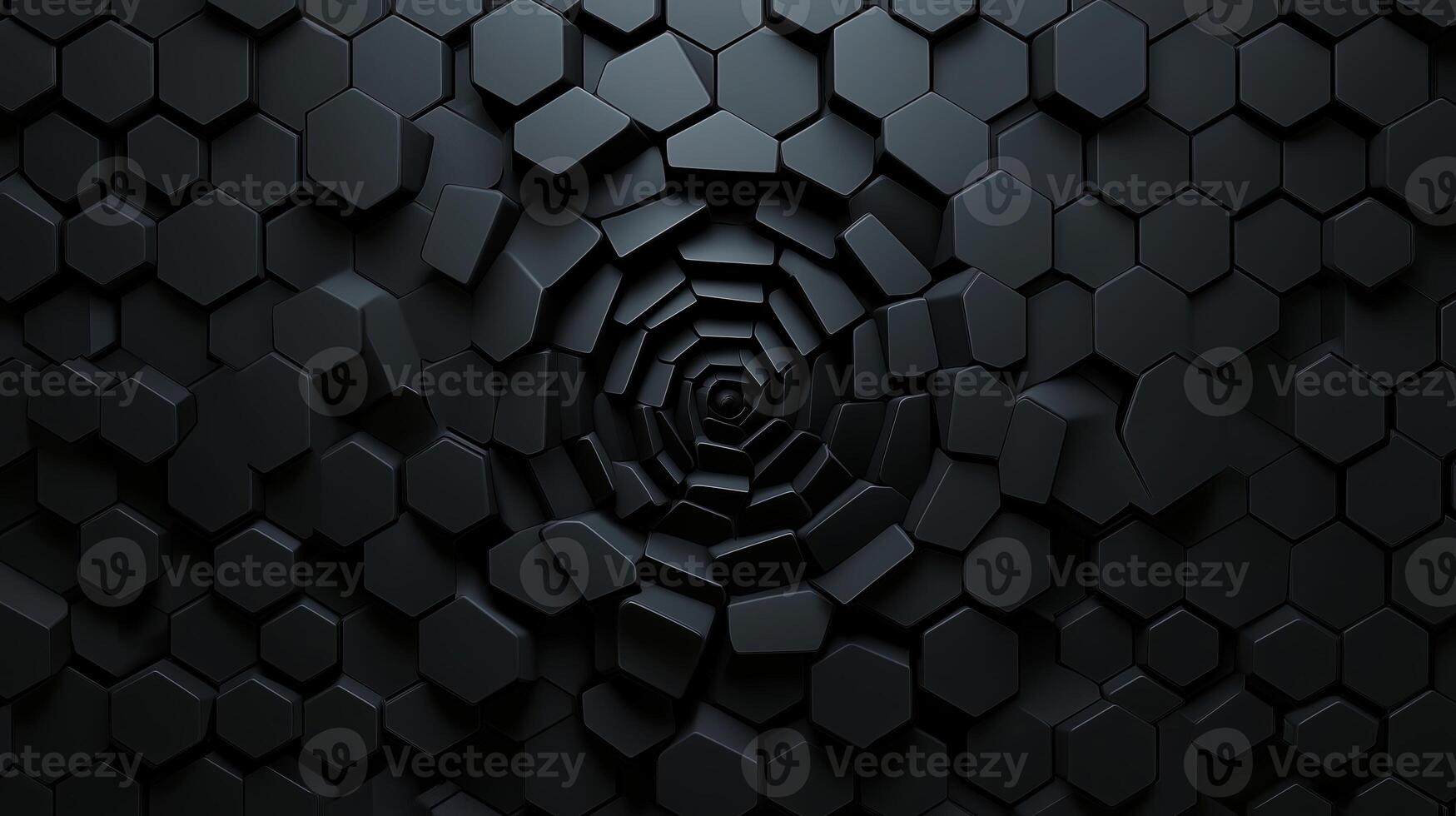 A black tunnel made of hexagonal tiles, creating a sense of depth and abstraction, ideal for futuristic or technological backgrounds. photo