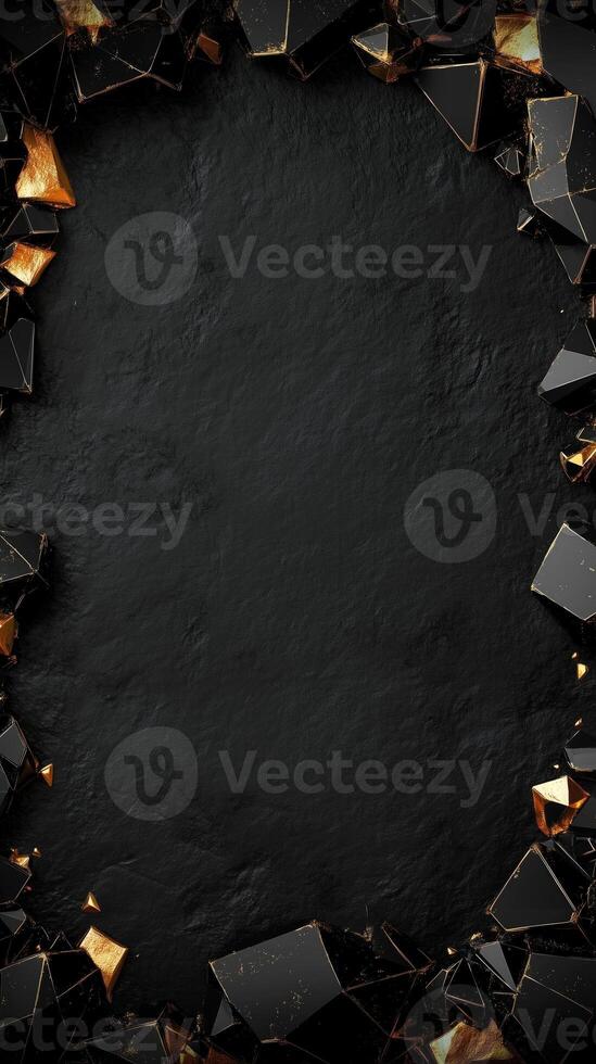 Elegant dark background with golden accents and textured surface, framed by rocks, creating a sophisticated border. Luxurious black textured backdrop with sparkling gold crystals and black gemstones photo