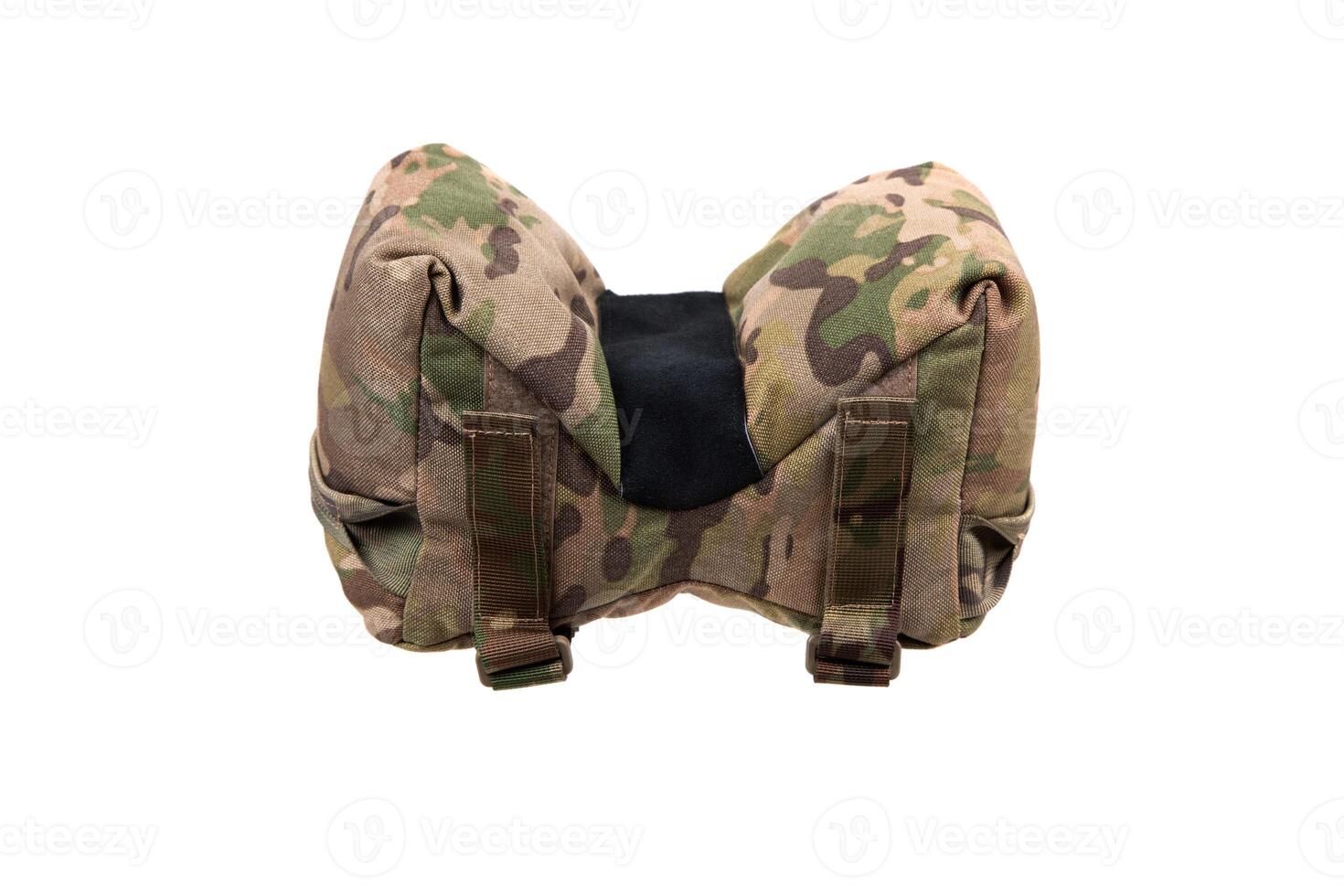 A tactical barricade bag in a camouflage pattern. The bag is designed to provide stability for firearms when shooting from barricades or uneven surfaces.Isolate on white back. photo