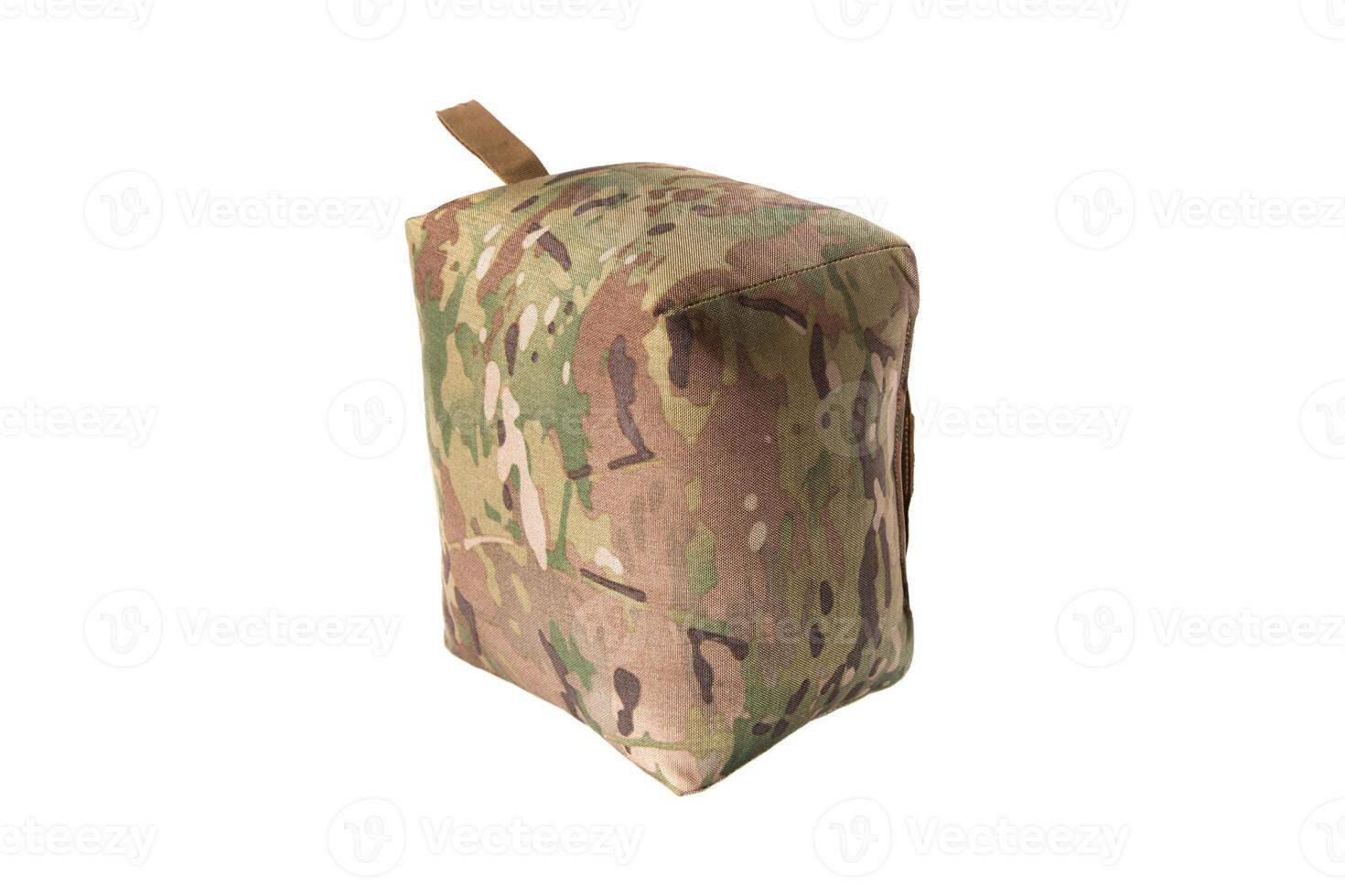 A tactical barricade bag in a camouflage pattern. The bag is designed to provide stability for firearms when shooting from barricades or uneven surfaces.Isolate on white back. photo