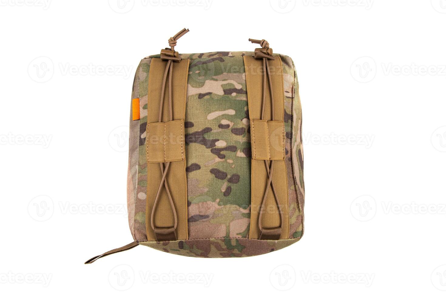 A tactical barricade bag in a camouflage pattern. The bag is designed to provide stability for firearms when shooting from barricades or uneven surfaces.Isolate on white back. photo