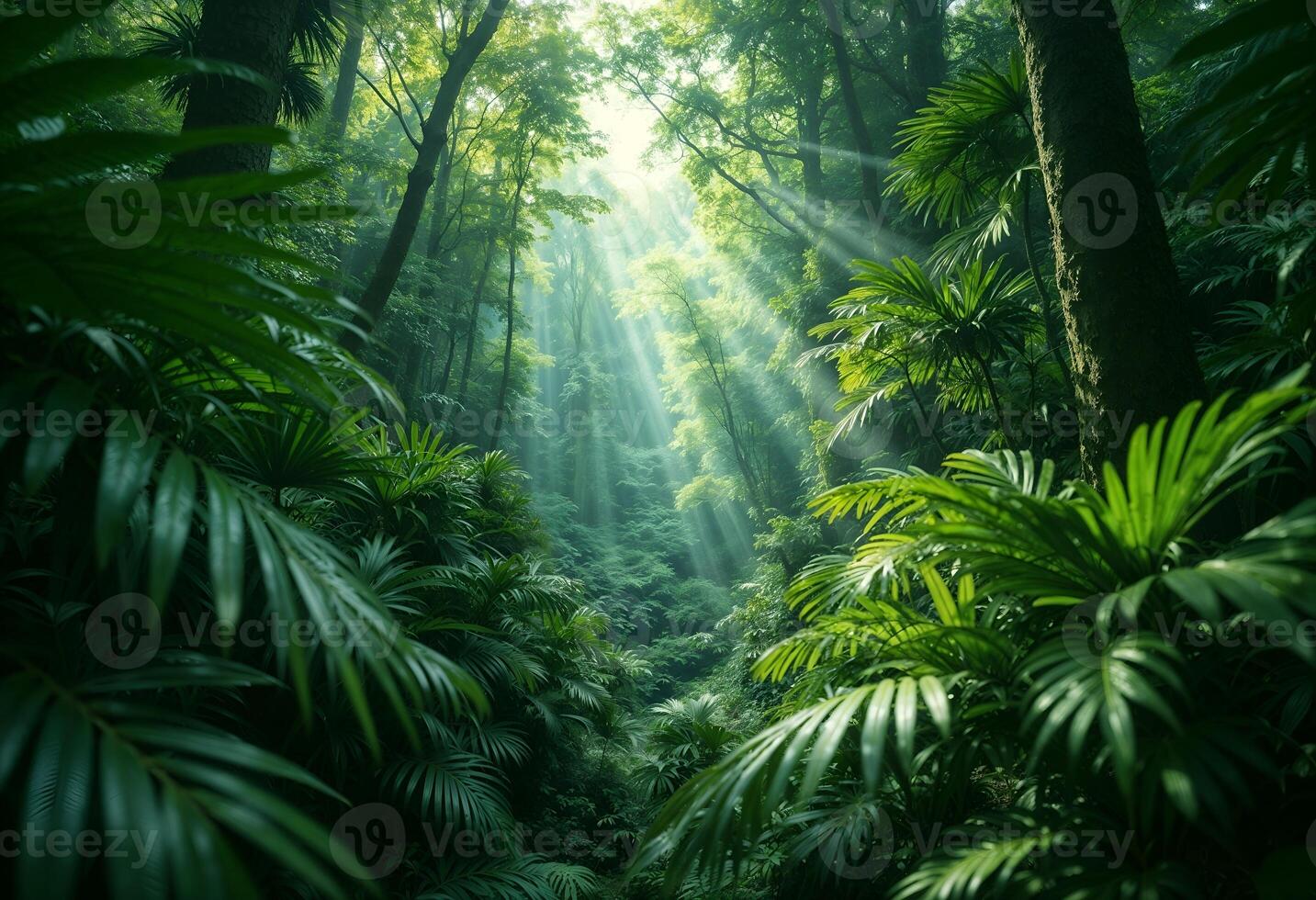 Enchanting Sunlit Tropical Forest, Lush Greenery and Golden Rays Filtering Through Canopy photo