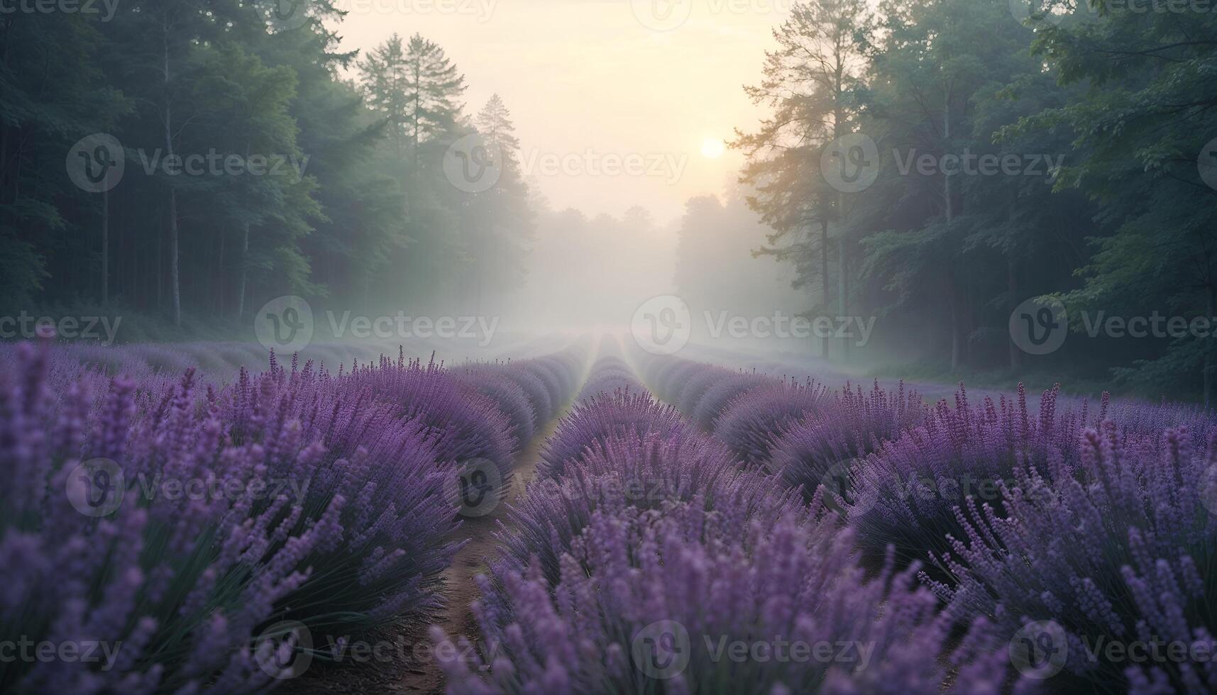 Serene Lavender Field with Early Morning Mist in the Background photo