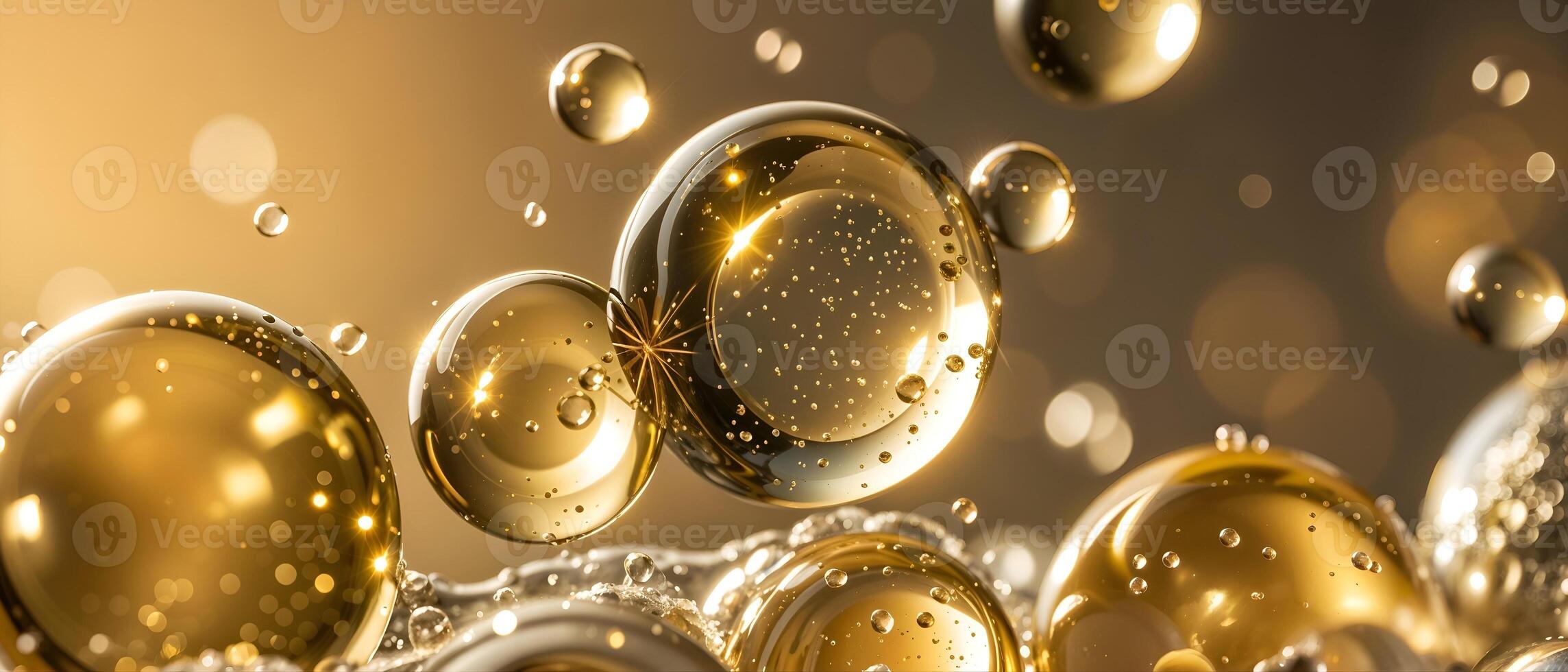 Luxurious Golden Bubbles, Abstract Macro Photography of Shimmering Oil Droplets in Warm Light photo