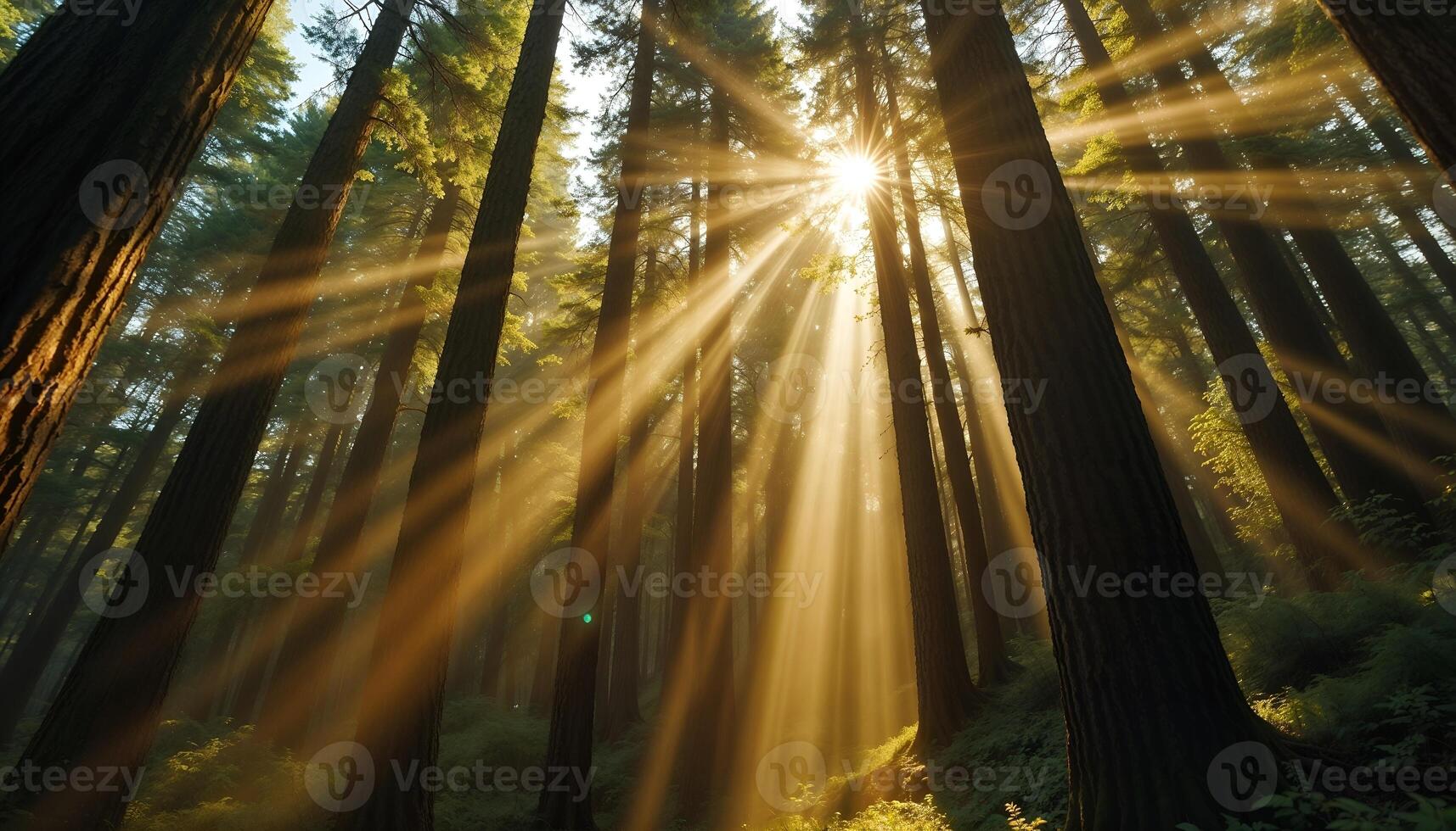 Sunlight Filtering Through Forest Trees in a Serene Natural Setting photo