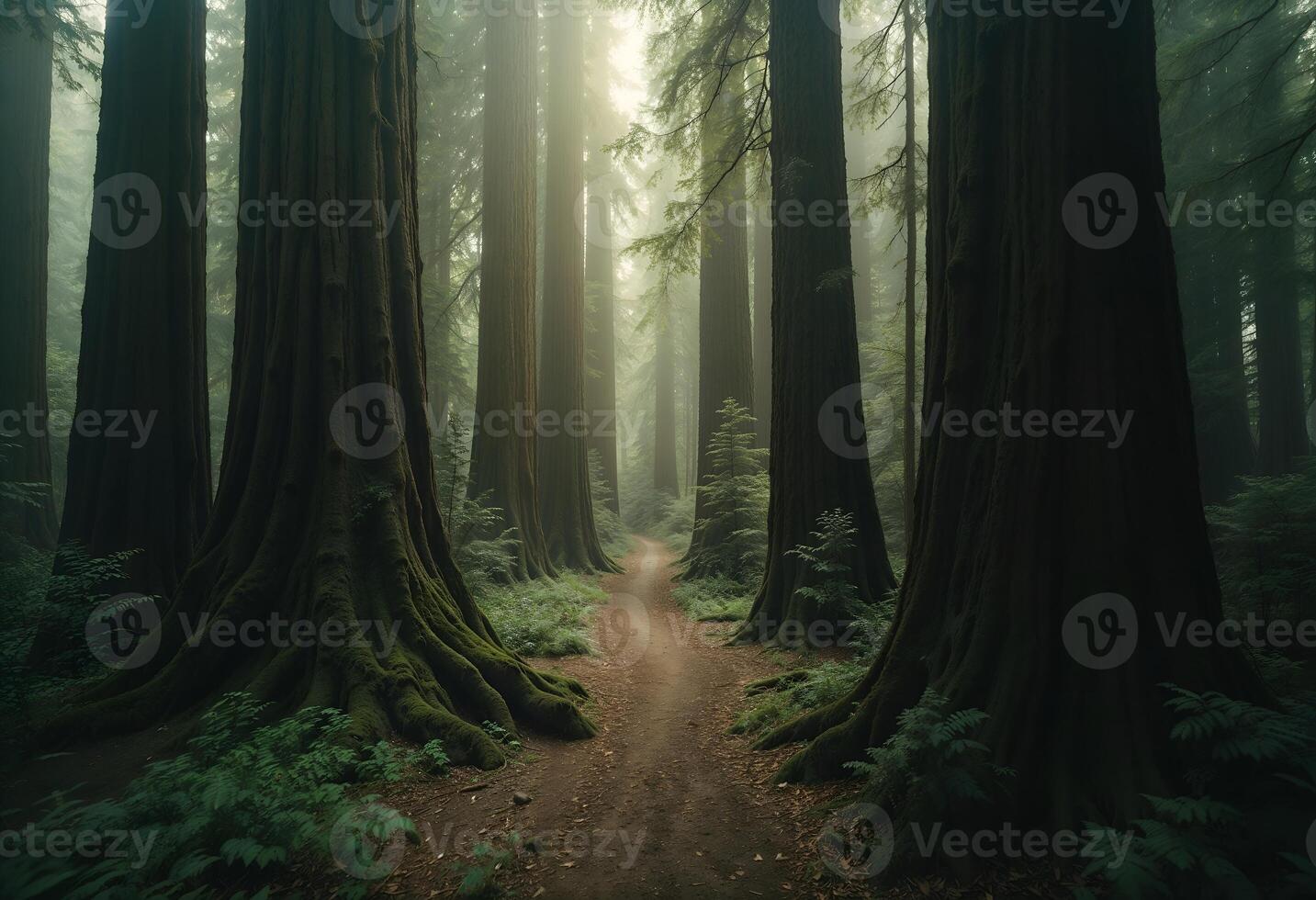 Winding Dirt Path Through Towering Trees in Lush Green Wilderness photo