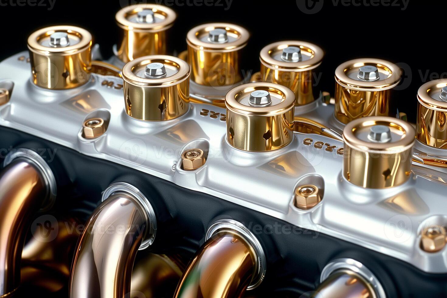 A close up of a car engine with gold and silver parts. The engine is designed to be visually appealing and luxurious, with the gold and silver accents adding a touch of elegance photo