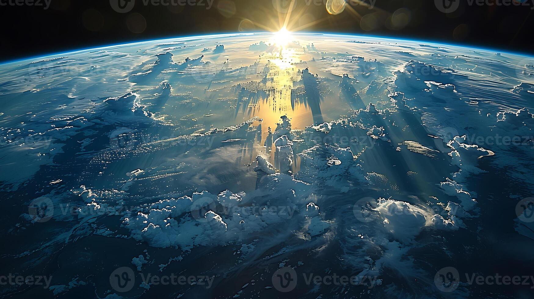 The sun shines over the earth from space photo