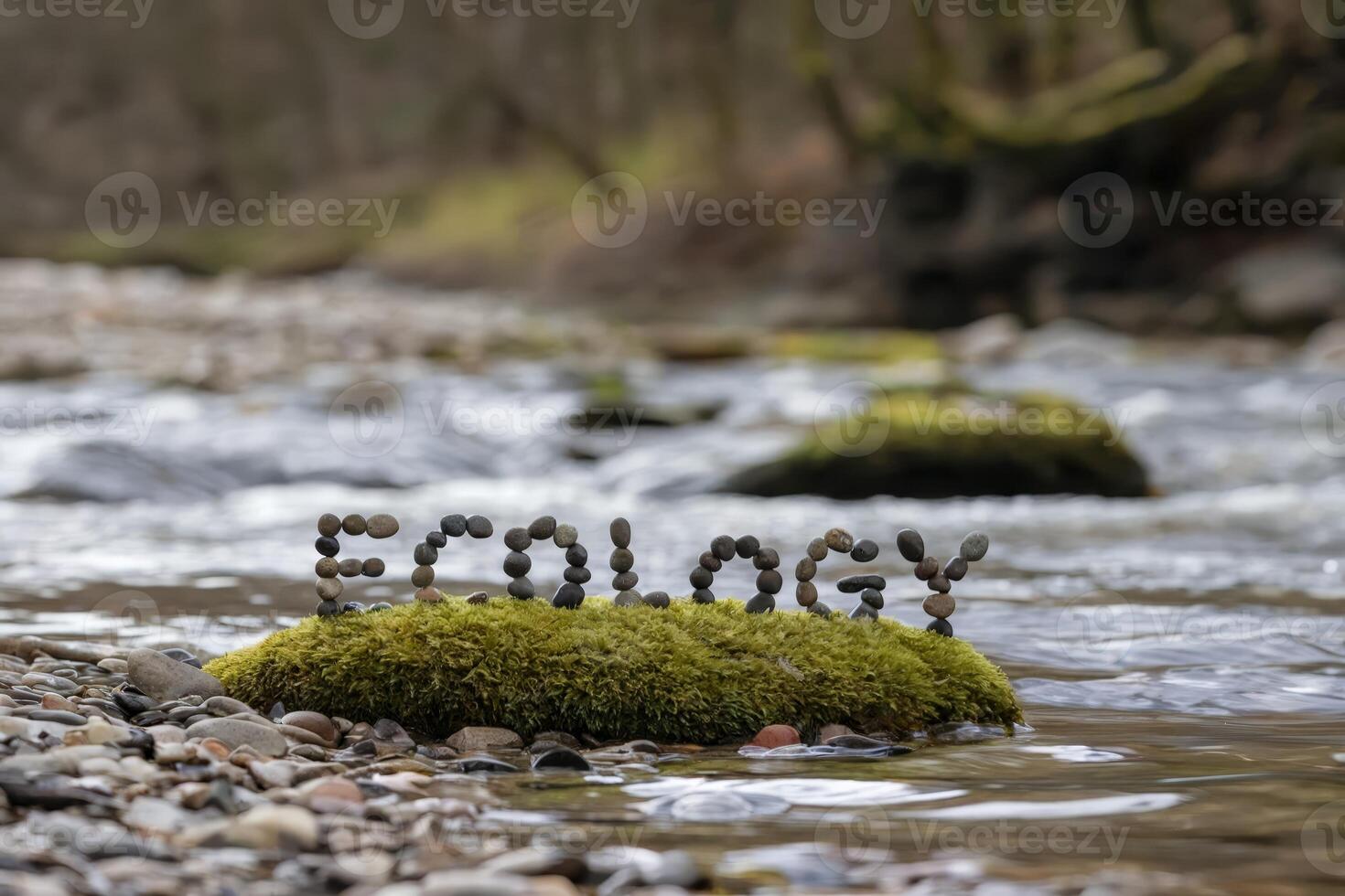 Letters forming 'Ecology' on moss-covered rock in a serene forest stream. photo