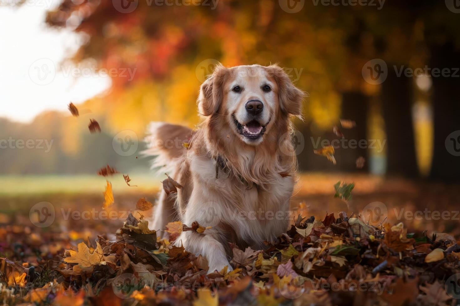 Golden retriever playing in autumn leaves with joy and excitement. photo