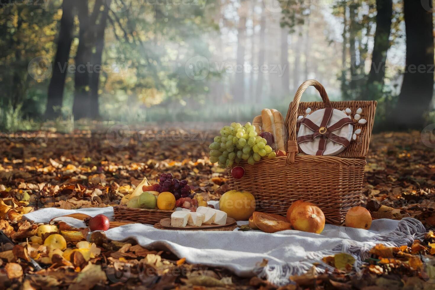 Autumn picnic setup in a forest with fruits, cheese, and wicker basket. photo