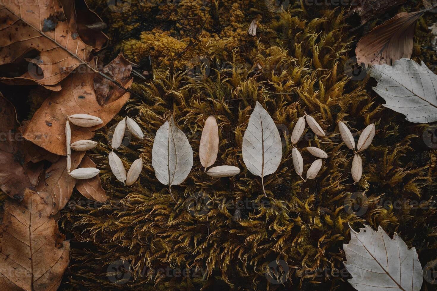 Leaves and seeds arranged to spell 'Ecology' on a mossy forest floor. photo