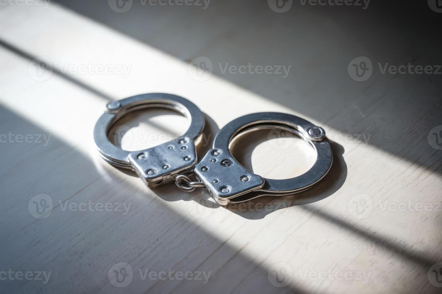 Close-up of metallic handcuffs illuminated by natural sunlight. photo